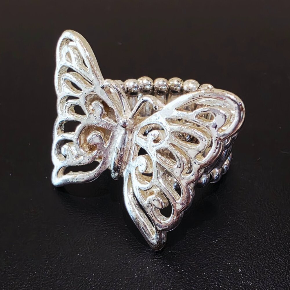 VTG Silver Filigree Metal Butterfly Wings Spread Adjustable Fashion Ring SZ 8+